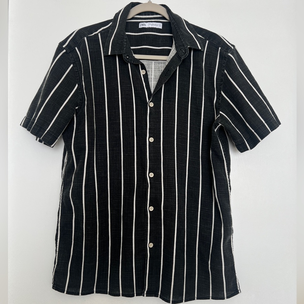 Zara mens linen blend black and white stripes short sleeve button down shirt